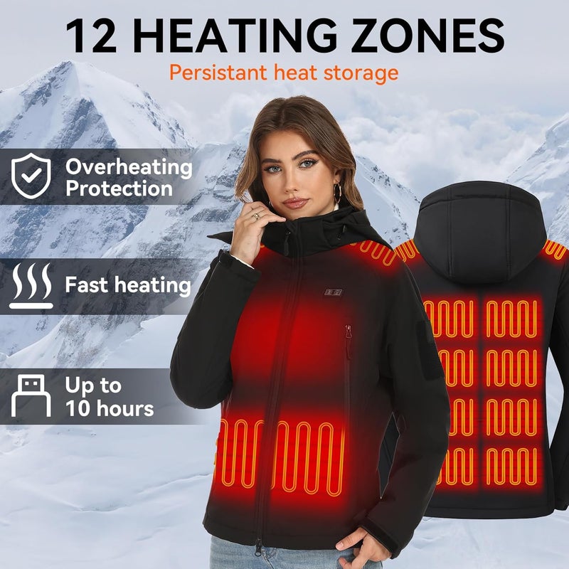 VENTROLLO Store Womens Heated Jacket with 16000 mAh Battery, 12 Heating Zones, Waterproof Heating Jacket Coat with Detachable Hood - Image 2